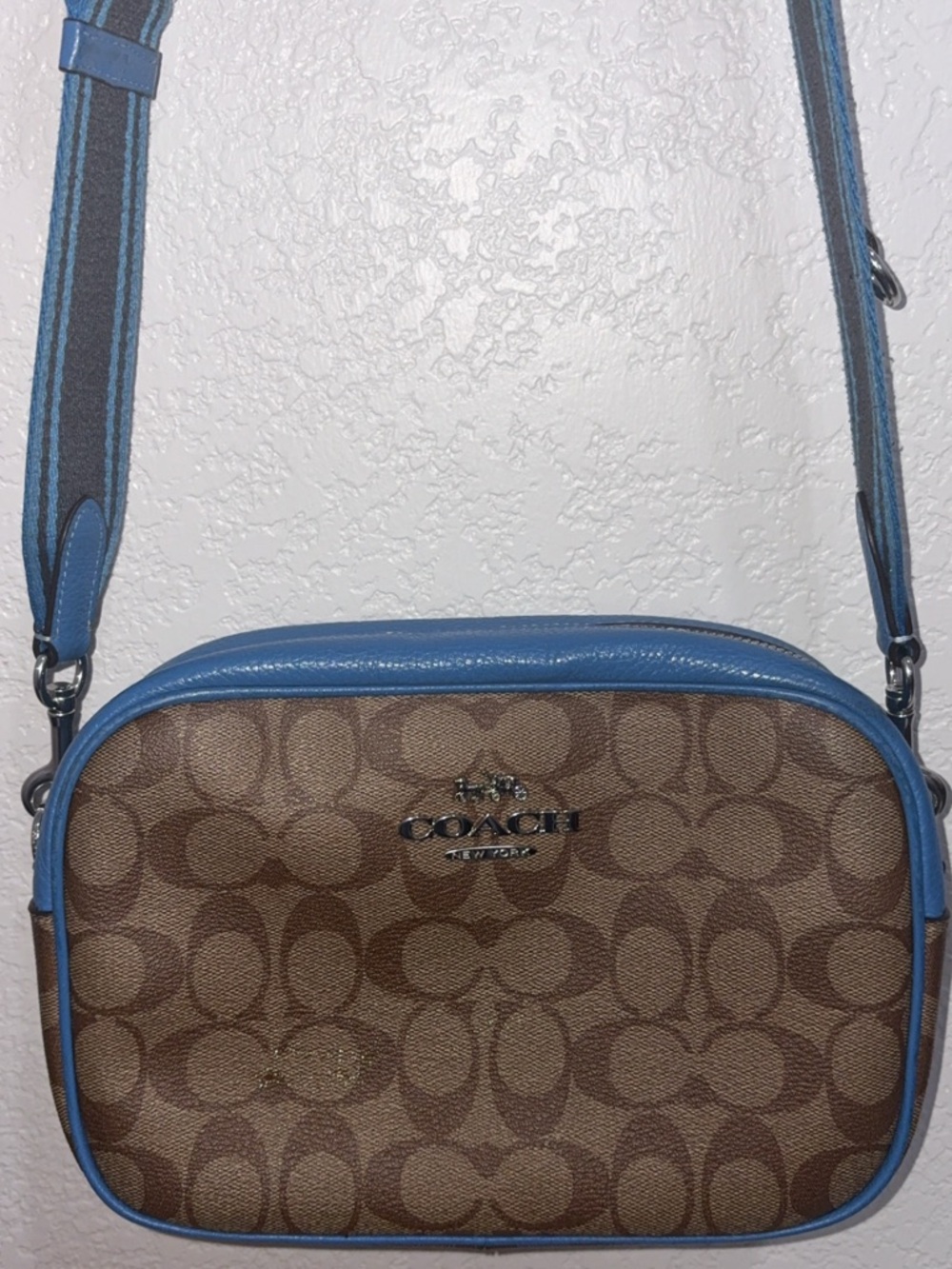 Coach Brown Signature Canvas Crossbody with Blue Trim